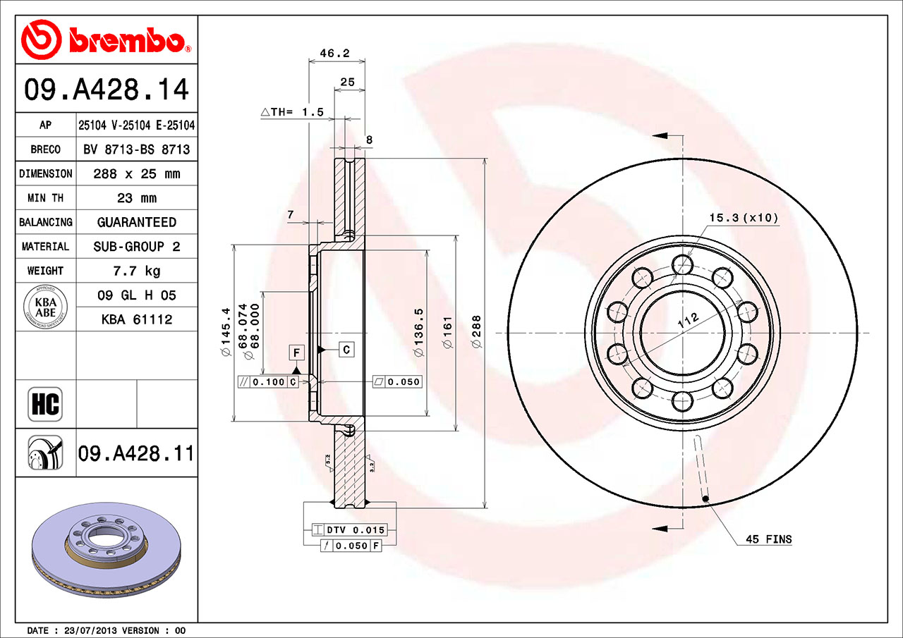 VW Brembo Disc Brake Rotor - Front (288mm) 4B0615301B